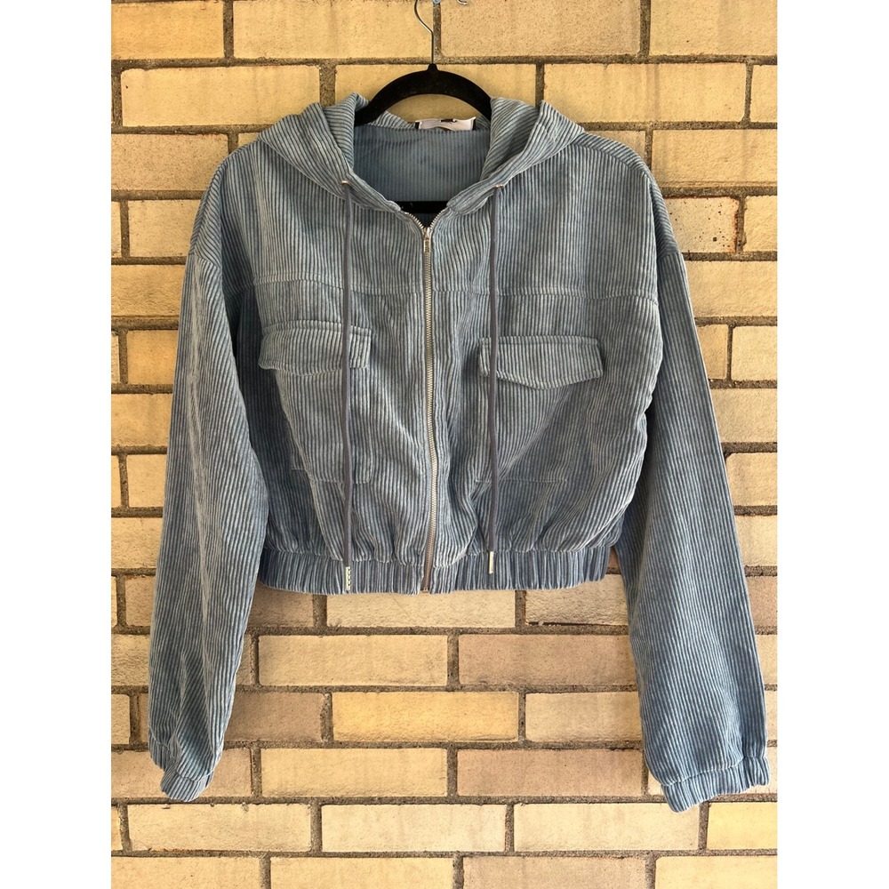 Blue Blush Corduroy Zip Up Cropped Hoodie Jacket Blue Elastic Cinch Hem Medium